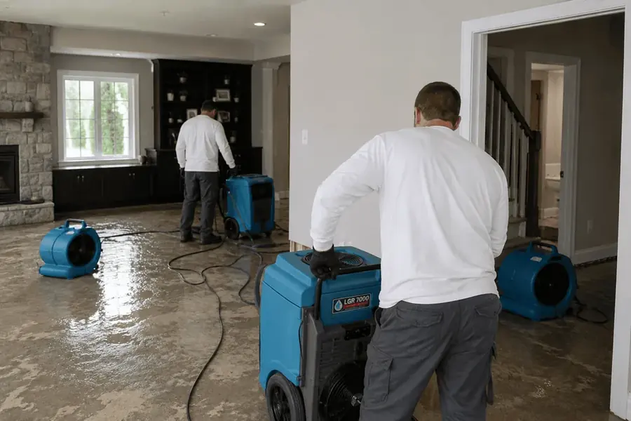 St. Louis water damage crew drying a flooded lower level with air movers and LGR dehumidifiers