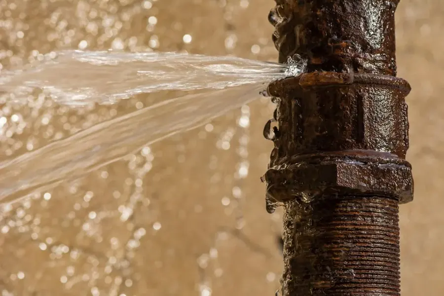 Water spraying from a burst supply pipe inside a St. Louis home