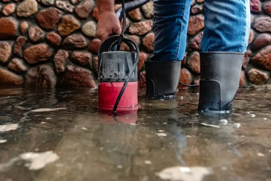 Crew pumping water from a flooded South County St. Louis basement