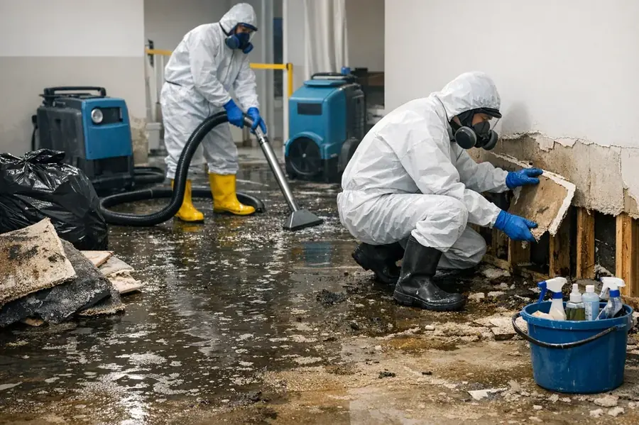 Technicians cleaning a Category 3 sewage backup in a St. Louis basement